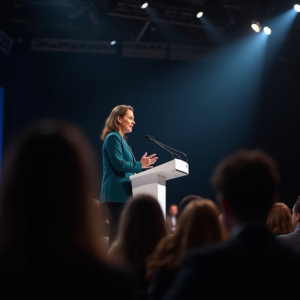 Photographer capturing a speaker on stage at a professional conference with dramatic stage lighting