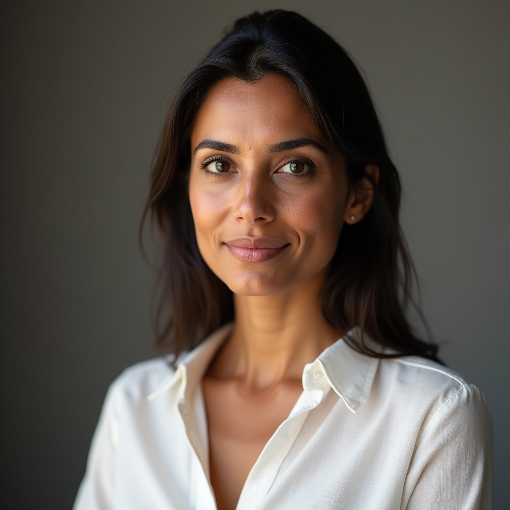 Close-up portrait of a woman with soft diffused window light illuminating her features